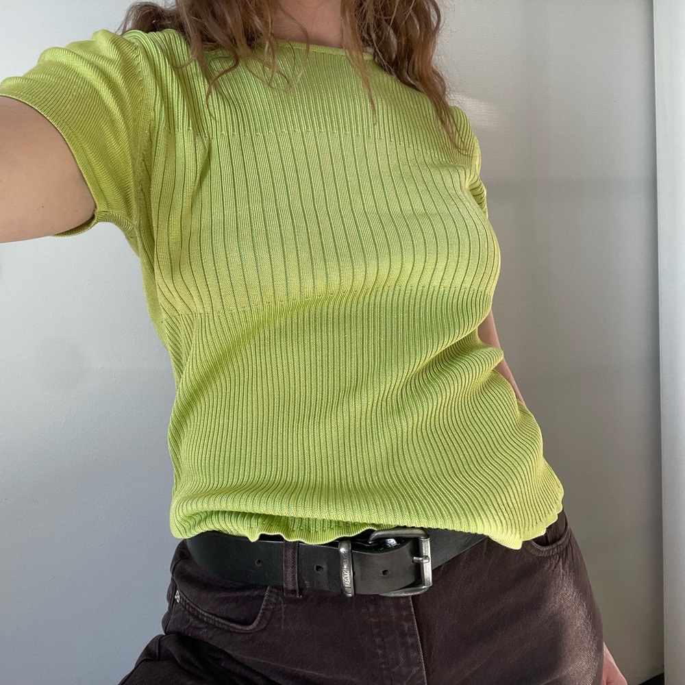 Concept Lime Green Ribbed Knit Short Sleeve Top | Stretchy | Vintage Feel